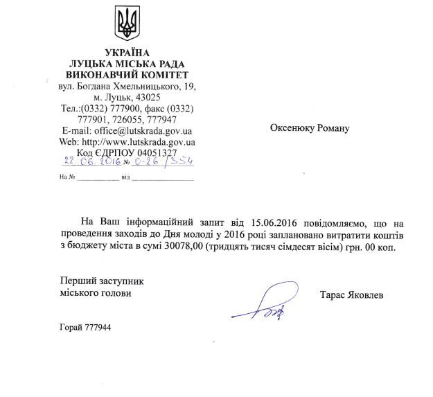 Скільки витратили з бюджету Луцької міськради на "День молоді"?