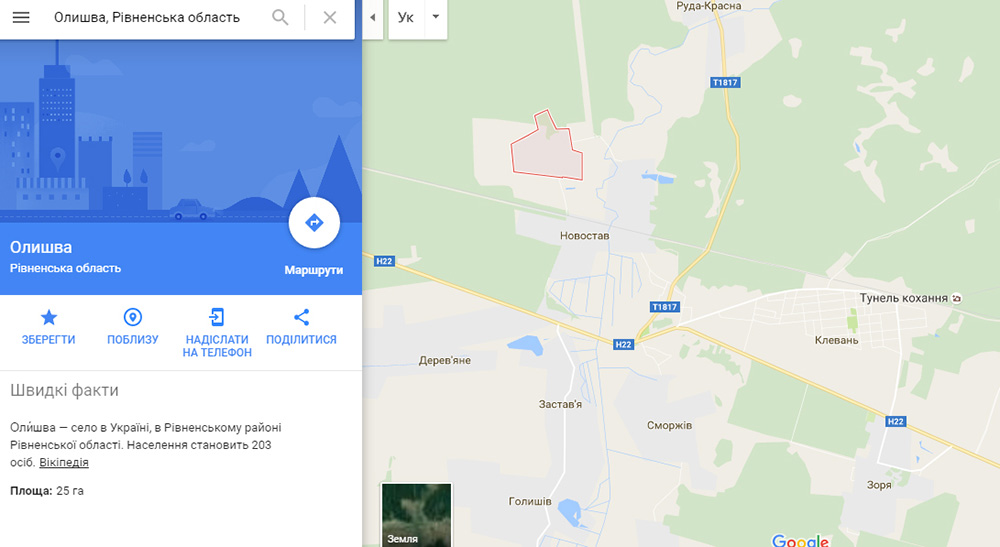 У Олишві офіційно проживає 203 особи. Скріншот мапи з сервысу Google Maps