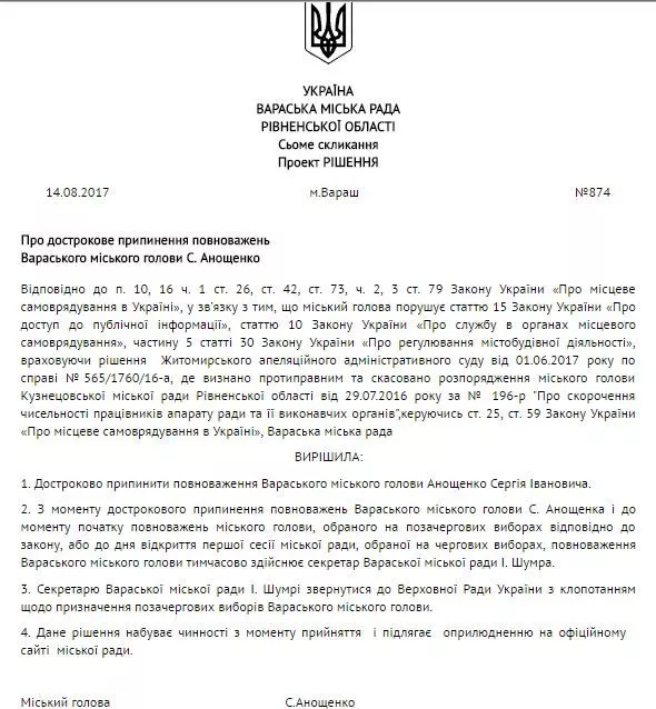 Проект рішення про припинення повноваженя Анощенка